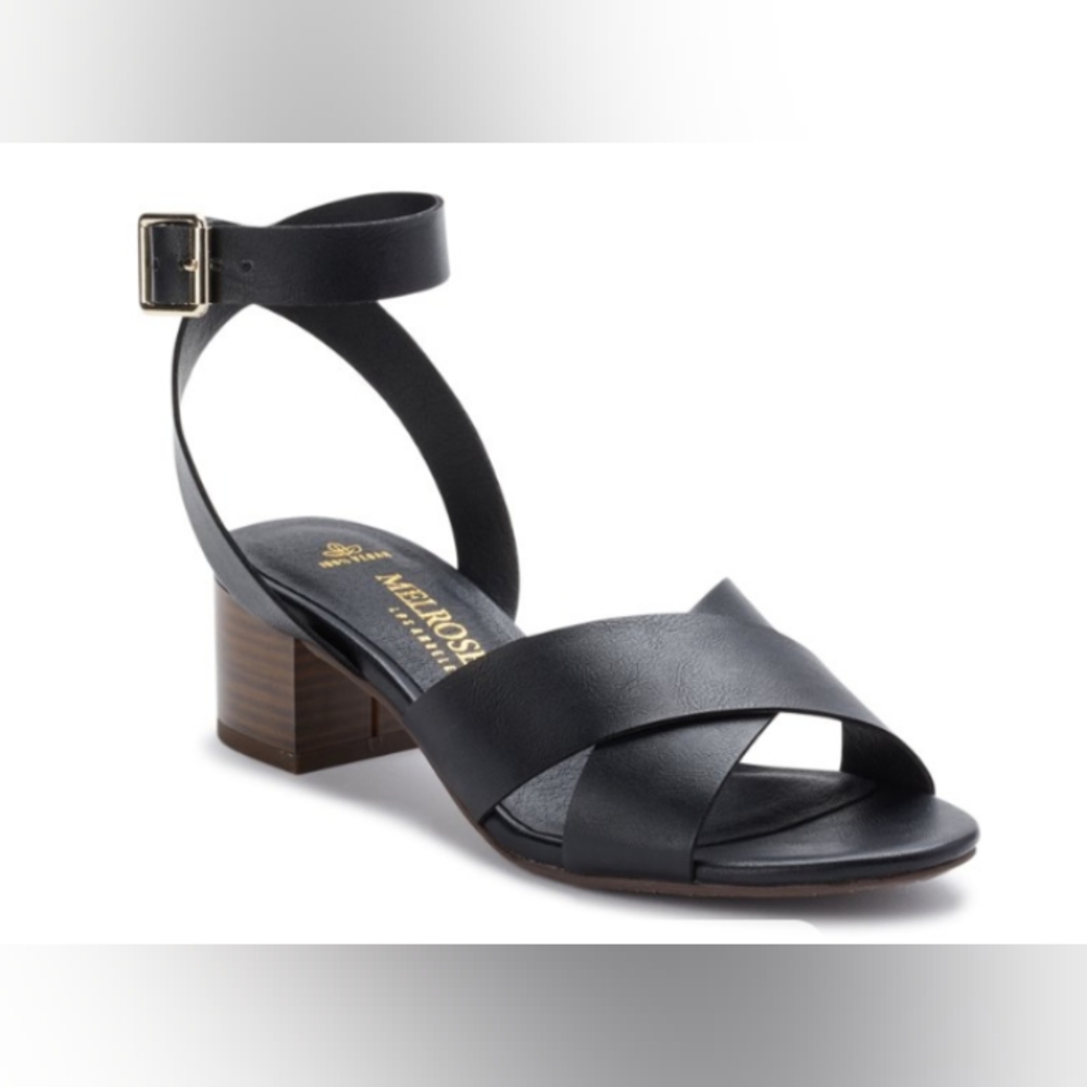 Striking Melrose Ave Black Willpower V-Leather Ankle Wrap Low Heels Gold Buckles